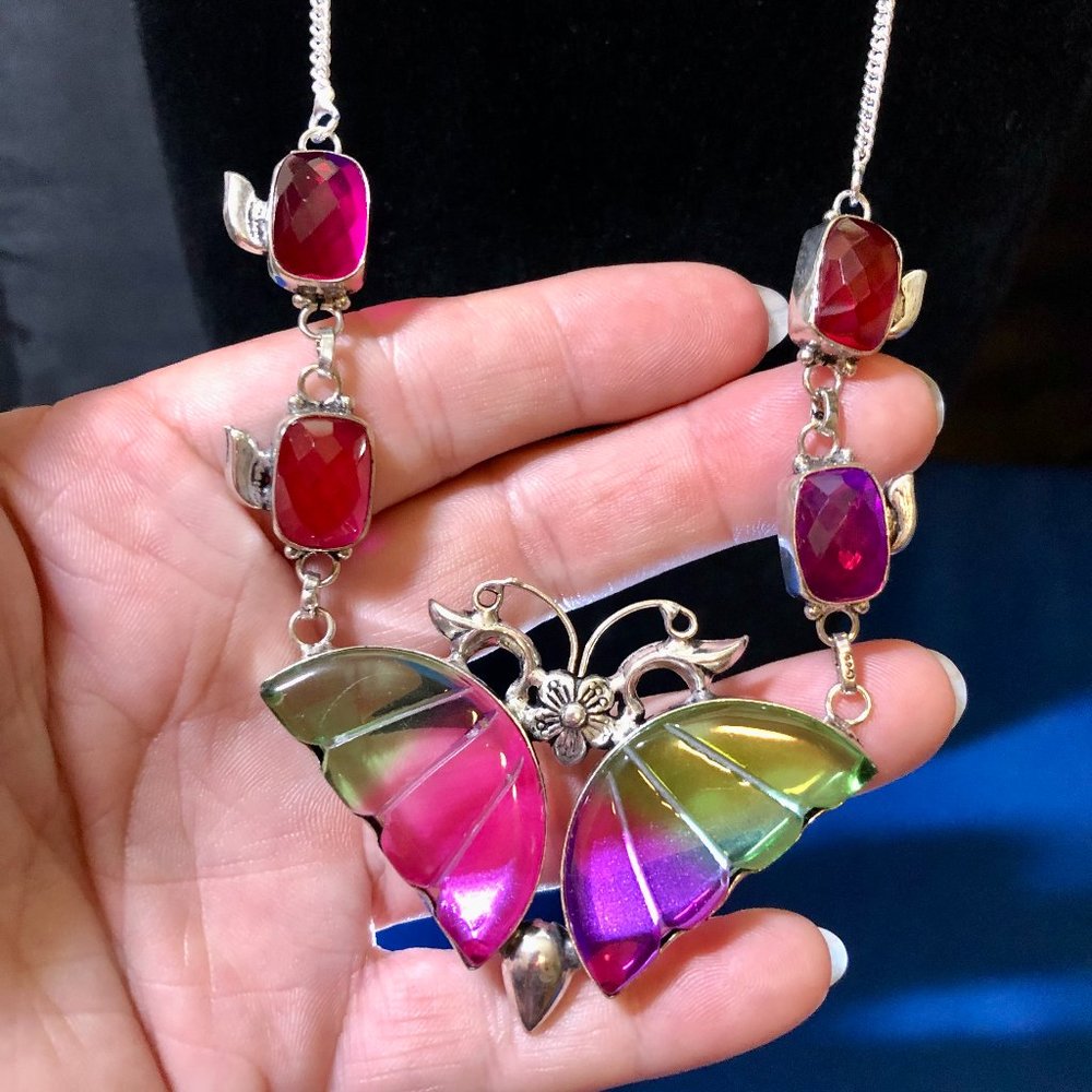 Handmade Bi Colour Tourmaline Butterfly 925 Sterling Silver'' Necklace.